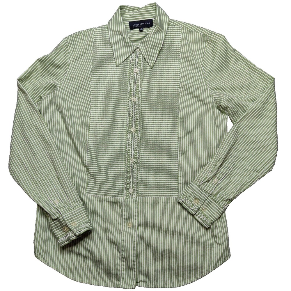 Jones New York Women Medium Green Striped Tuxedo Style Long Sleeve Button Shirt